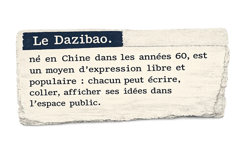 Le Dazibao, né en Chine dans les années 60, est un moyen d'expression libre et populaire : chacun peut écrire, coller, afficher ses idées dans l'espace public.