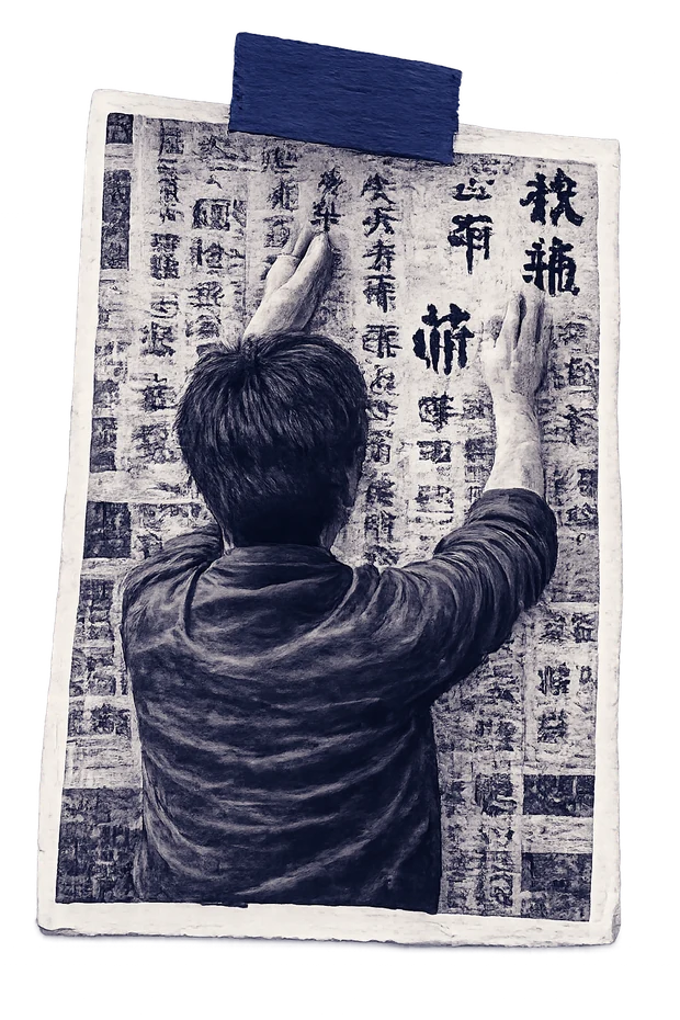 Photographie ancienne : un homme placarde un dazibao couvert de caractères chinois sur un mur.